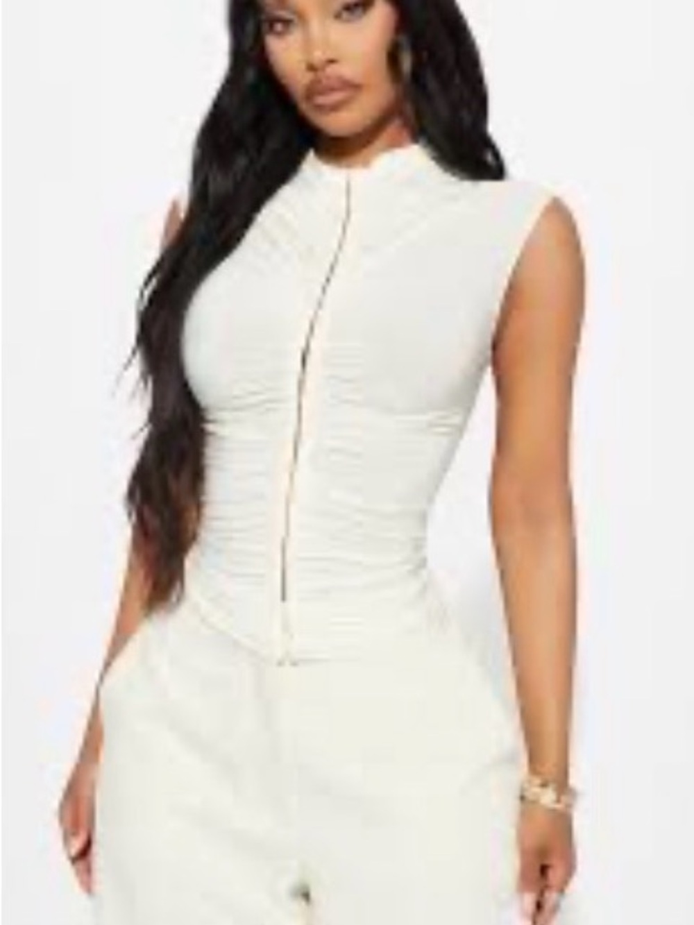 Fashion Nova Sleeveless Ruched Front Mock Neck Top in Cream